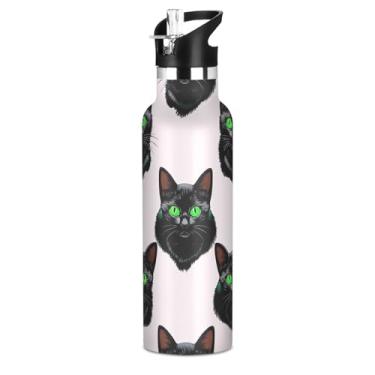 Imagem de Garrafa de água Black Kittens Bright Cat com tampa de palha, garrafas de água isoladas de aço inoxidável para crianças, meninas, copos infantis de parede dupla à prova de vazamento de 590 ml