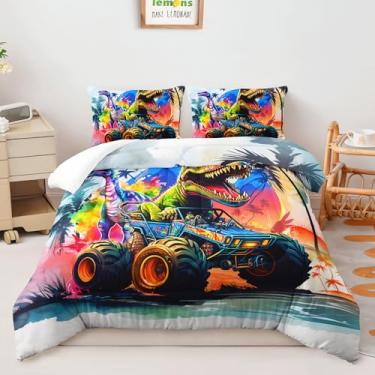 Imagem de AILONEN Conjunto de edredom Queen com desenho animado de dinossauro, caminhão, animal, presente para crianças, meninos, colorido, vida selvagem antiga + 2 fronhas, 3 peças