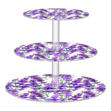 Imagem de Suporte de cupcake de 3 camadas para exibição de chá para festa de chá bandeja de servir personalizada para mesa de deserto para bolo buffet de comida de casamento, tinta roxa e flor de lavanda