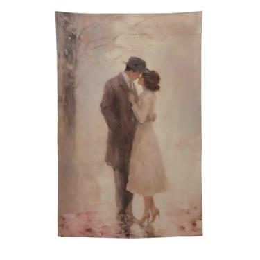 Imagem de Tapeçaria vintage de outono enevoado chapéu fedora vestido leve cena abraço romântico estilo pintura a óleo suave decoração de parede nostálgico decoração de casa para quarto sala de estar