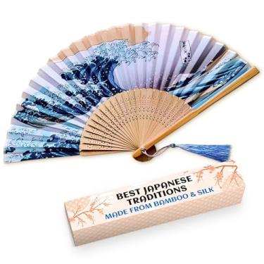 Imagem de Leque japonês de seda - Ventilador dobrável portátil de bambu para mulheres, estilo retrô Kanagawa Wave, 36,8 x 20,8 cm, ventiladores dobráveis coloridos, ótimo para dança, decoração e presente