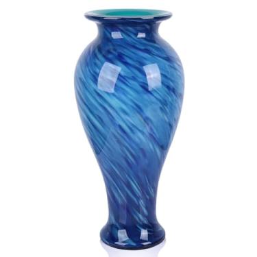 Imagem de Vasos de vidro azul de 50,8 cm de altura, vaso grande de flores de vidro marinho soprado à mão para chão, jarrones grandes para sala elegante, vasos de flores azuis do oceano muito modernos para