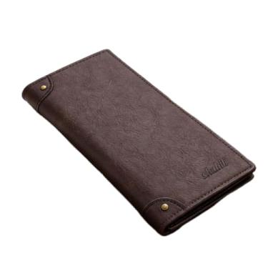 Imagem de Carteira masculina casual fina e longa, carteira de couro aberta com bloqueio RFID e vários compartimentos para cartão, organizador ultrafino de grande capacidade (marrom escuro)