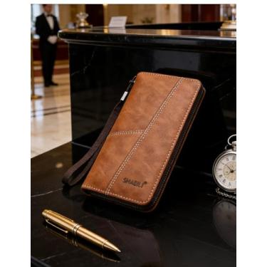 Imagem de Carteira longa de couro para homens, carteira com zíper único com vários compartimentos para cartão e bloqueio RFID, organizador de grande capacidade para um transporte diário funcional (marrom claro)