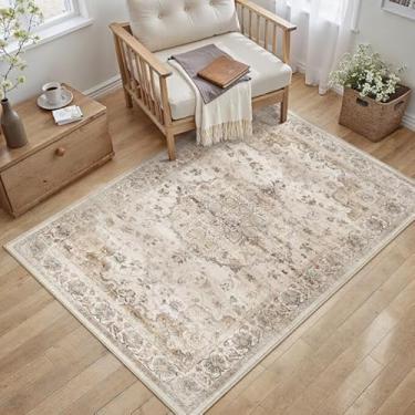 Imagem de PureCozy Tapete lavável bege 7,5 x 12,7 cm, vintage, envelhecido, pequeno, antiderrapante, tapete floral, interior, escritório, retro, para entrada, sala de jantar, casa de banho