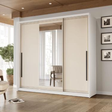 Imagem de Guarda Roupa Roupeiro 3 portas de correr 4 gavetas com Espelho Valência Branco Creme Politorno Móveis