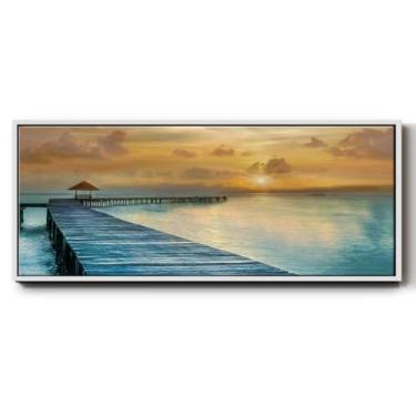 Imagem de Renditions Gallery Decoração de casa emoldurada flutuante pôr do sol com pintura de cais de madeira decoração pendurada para sala de estar cozinha quarto - moldura branca LT613 de 20,32 cm x 50,8 cm