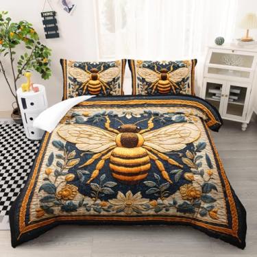 Imagem de AILONEN Conjunto de edredom solteiro, abelha, floral, boêmio, para meninos e meninas, temática vintage de animais selvagens, com 2 fronhas, 3 peças