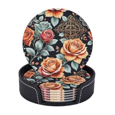 Imagem de BOXIMIAO Porta-copos com suporte conjunto de 6, porta-copos absorventes de couro PU vintage flores rosas com base de cortiça porta-copos redondos para decoração de casa, apartamento, cozinha, bar