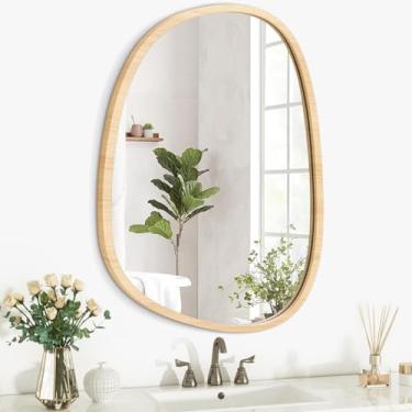 Imagem de Espelho assimétrico moderno moldura de madeira espelho para parede irregular oval espelho de parede forma única montado na parede espelho artístico decorativo para sala de estar quarto banheiro