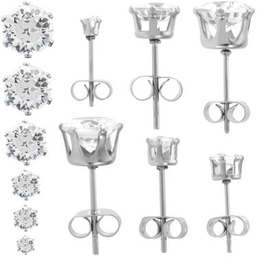 Imagem de PAGOW 6 pares de brincos de prata para mulheres, brincos hipoalergênicos de aço inoxidável, brincos de zircônia cúbica, brincos masculinos modernos (prata, 6 tamanhos)