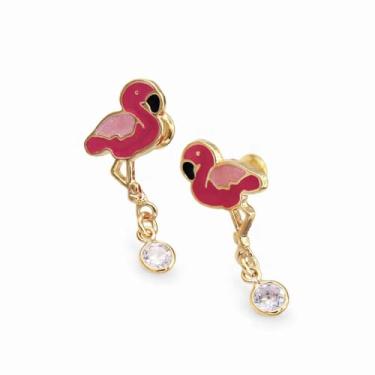 Imagem de Brinco Infantil Flamingo esmaltado com zircônia branca banhado em ouro 18k
