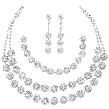 Imagem de Josojoou Conjunto de joias de casamento nupcial colar de strass prata brincos pulseira vestidos de formatura de casamento nupcial kit de joias banhado a prata para festa de ano novo acessórios de