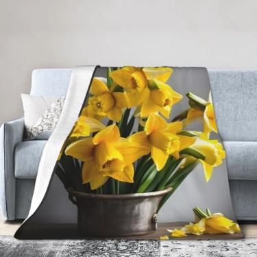 Imagem de Cobertor grande ultra macio com estampa de buquê de narcisos, perfeito para cama, sofá e viagens, manta de flanela aconchegante e quente