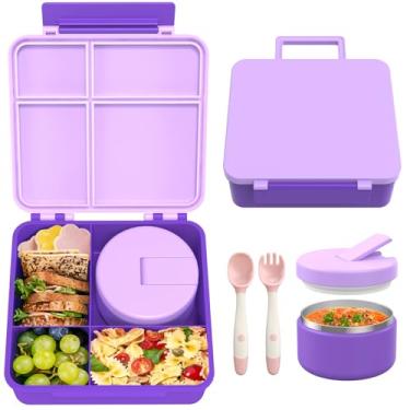 Imagem de LOHASOK Lancheira Bento com Sopa Térmica de 8 Onças, Recipientes de Almoço À Prova de Vazamentos com 4 Compartimentos, Pote de Comida Quente Térmica e Lancheira Isolada para Escola Roxa