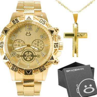 Imagem de Kit Relógio Masculino Casual Dourado Aço Inox Grande Corrente Banhada 