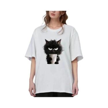 Imagem de Camiseta Feminina Oversized Com Estampa Engraçada De Gato, Branca, Cas