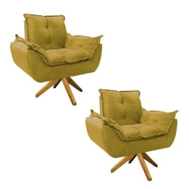 Imagem de kit 02 Poltronas Opala Base Giratória de Madeira Suede Amarelo - Doce 