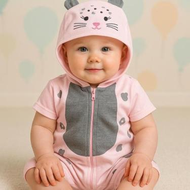 Imagem de Macacão Verão Gatinha Rosa Com Capuz Bordado Bebe Fantasia - lsmodas, 