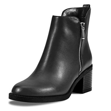 Imagem de PIZZ ANNU Botas femininas modernas de cano curto, bico redondo, salto baixo, grosso, antiderrapante, confortável, botas curtas com zíper lateral, Preto, 35