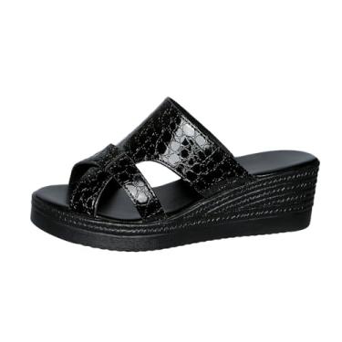 Imagem de Sandálias femininas estampadas com salto plataforma em vários tons, leves e confortáveis para uso casual primavera verão, Preto, 34