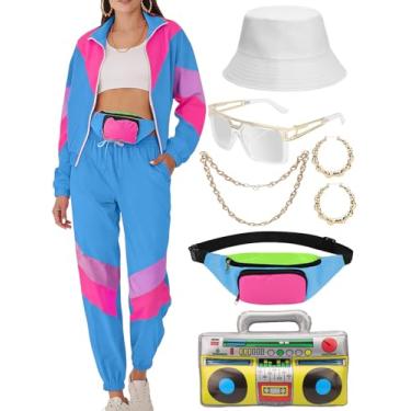 Imagem de VillbeCoser Conjunto de acessórios para fantasia de agasalho feminino dos anos 80 e 90, jaqueta corta-vento neon, Azul, G