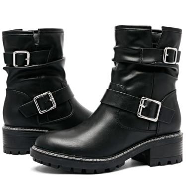 Imagem de Ruiee Botas de cano curto femininas de combate de salto baixo, bico redondo, zíper lateral, botas femininas., Preto PU 303, 36