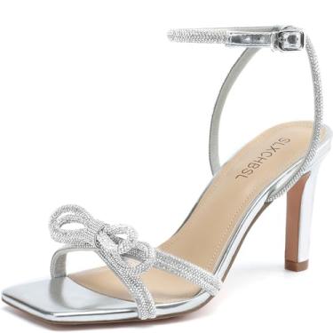 Imagem de SLXCHBSL Sandálias femininas de dedo quadrado com strass ajustáveis no tornozelo e dois laços, salto alto de 7,6 cm, festa de casamento, formatura, sapatos confortáveis brilhantes para mulheres, Prata