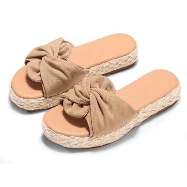 Imagem de Coutgo Sandálias femininas de alpargatas plataforma, bico aberto, sem cadarço, sapatos de praia de verão, Caqui, 36