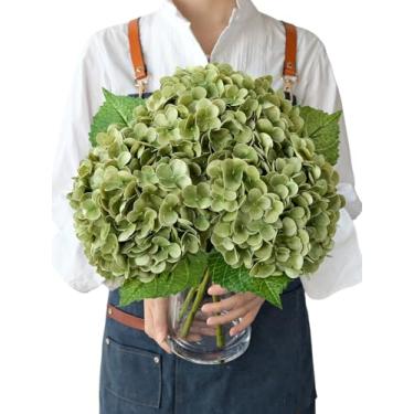 Imagem de JINWOE Hortênsias artificiais de flores verdes, 3 peças de látex de 53 cm, grandes flores de seda sintética realistas, hortênsias artificiais completas para mesa de buquê, centros de mesa, ambientes