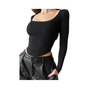 Imagem de Camisetas Femininas De Manga Longa Verde Com Gola Quadrada, Tops Cropp