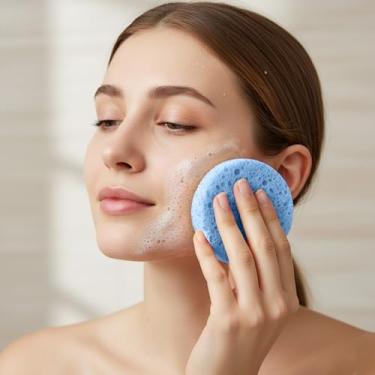 Imagem de Esponjas faciais comprimidas de 10 unidades, celulose natural de formato redondo, limpeza facial para limpeza facial diária, ideal para casa e viagens (azul)