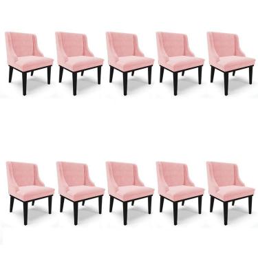 Imagem de Kit 10 Cadeiras Estofadas Para Sala De Jantar Base Fixa De Madeira Preto Lia Suede Rosa Bebê - Ibiza