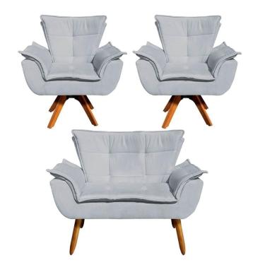 Imagem de Kit Namoradeira E 2 Poltronas Base Giratória Madeira Opla Suede Cinza - Ibiza
