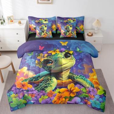 Imagem de Jogo de cama de tartaruga marinha em uma bolsa, 7 peças, desenho animado tartaruga marinha flores tropicais, fofo animal da vida marinha, aquarela floral, edredom com elástico, lençol de cima, fronha