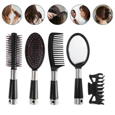 Imagem de Kit 2 Escovas 1 Pente Presilha Cabelo Espelho de Mão Bolsa Viagem Nece