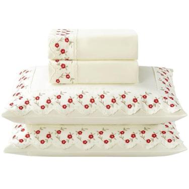 Imagem de Jogo Lençol Ricca Casal 4 Peças Micropercal 300 Fios Bordado Floral Margarida Vermelho 100%Poliéster