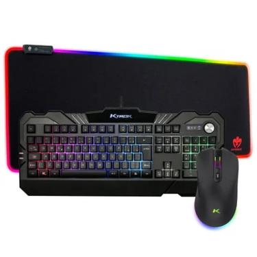Imagem de Teclado, Mouse e Mousepad Sem Fio Semi Mecânico, USB e Wireless, ABNT2, Preto, RGB