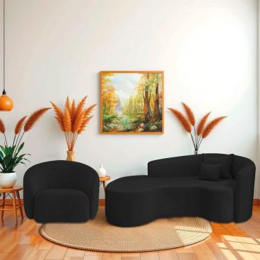 Imagem de Kit Recamier Curvo Sala De Estar Inglaterra 200cm Lado Esquerdo Poltrona Orgânica Luxo Amore Bouclé Preto Velluto