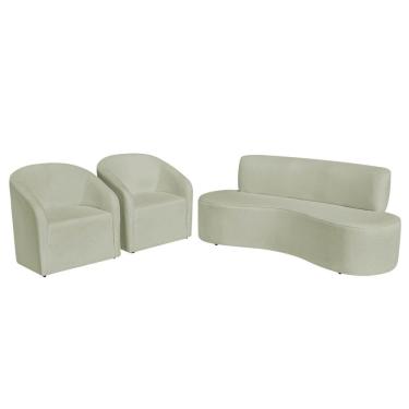 Imagem de Kit Sofá Curvo Amsterdã 180cm E 2 Poltronas Luiza Max Bouclé Verde Oliva