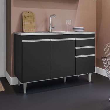Imagem de Balcão Melissa com Pia e Cuba GhelPlus 120cm 3 Portas 2 Gavetas Preto Maderatto Móveis