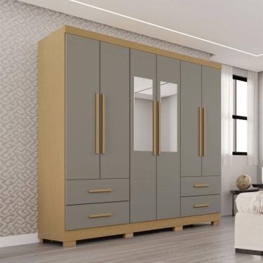 Imagem de Guarda-Roupa Casal Balder Premium 6 Portas 4 Gavetas com Pés e Espelho Jequitibá/Granizo - Pnr Móveis