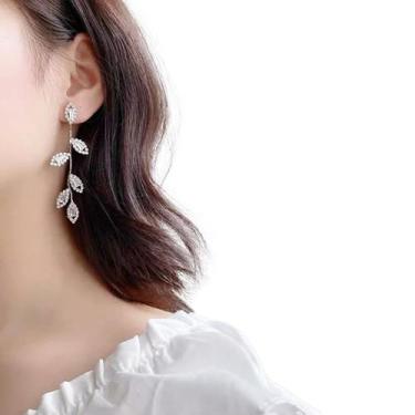 Imagem de Brincos Femininos Folhas Cascata Cristais Luxo Noiva Festas - - anjo d