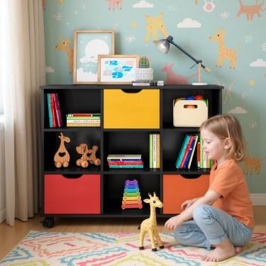 Imagem de Nicho Estante Quarto Infantil 3 Gavetas Com Rodízios Preto Colorido