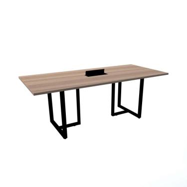 Imagem de Mesa De Reunião Com Caixa De Tomada 200 X 90 Cm Pé Tubular Pe25 Em Mdp Noce Naturalle Base Preta