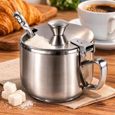 Imagem de Açucareiro Inox 220ml com Colher e Visor de Vidro  Porta Açúcar Aço In