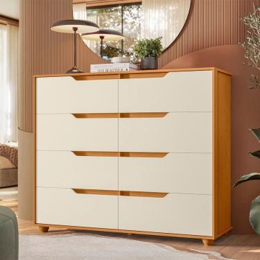 Imagem de Cômoda Doble 8 Gavetas em MDF com Puxador Cava em MDP Off White e Cinamomo para Quarto