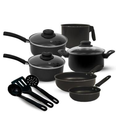 Imagem de Jogo de Panelas Kit 9 Peças Antiaderente Teflon 14cm 16cm 18cm com Tampas de Vidro Temperado Preto OEM