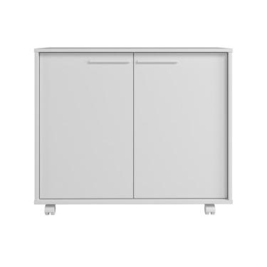 Imagem de Balcão Em Mdp Com 2 Portas 2 Prateleiras E 4 Pés Com Rodízios Brv Móveis Branco