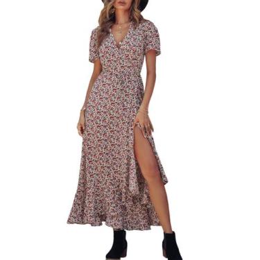Imagem de Vestido Longo Envelope Floral PRETTYGARDEN com Decote V e Manga Curta